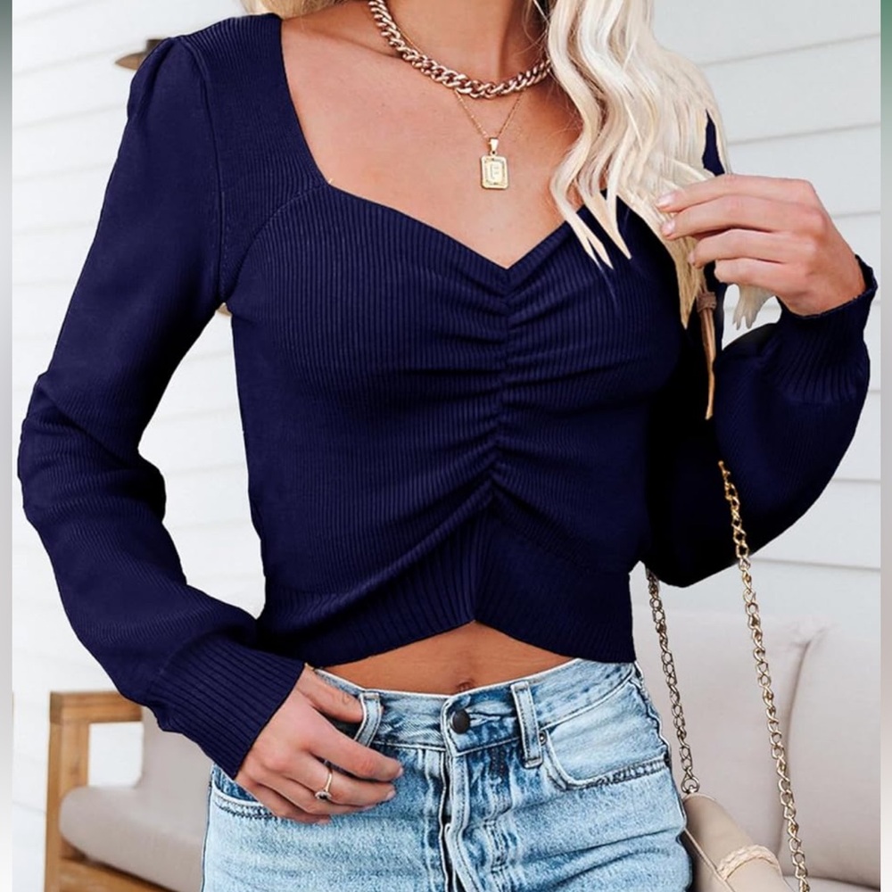 Blue Crop Ruched Ribbed Knit Sweater - Picture 2 of 10